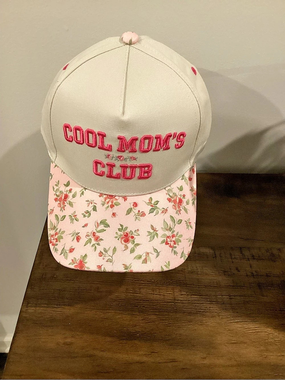 Floral Cool Mom’s Club Baseball Cap in Cream & Pink